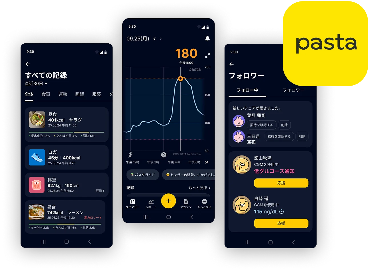 グルコースの推移と生活の記録を確認できるPASTAアプリの画面例